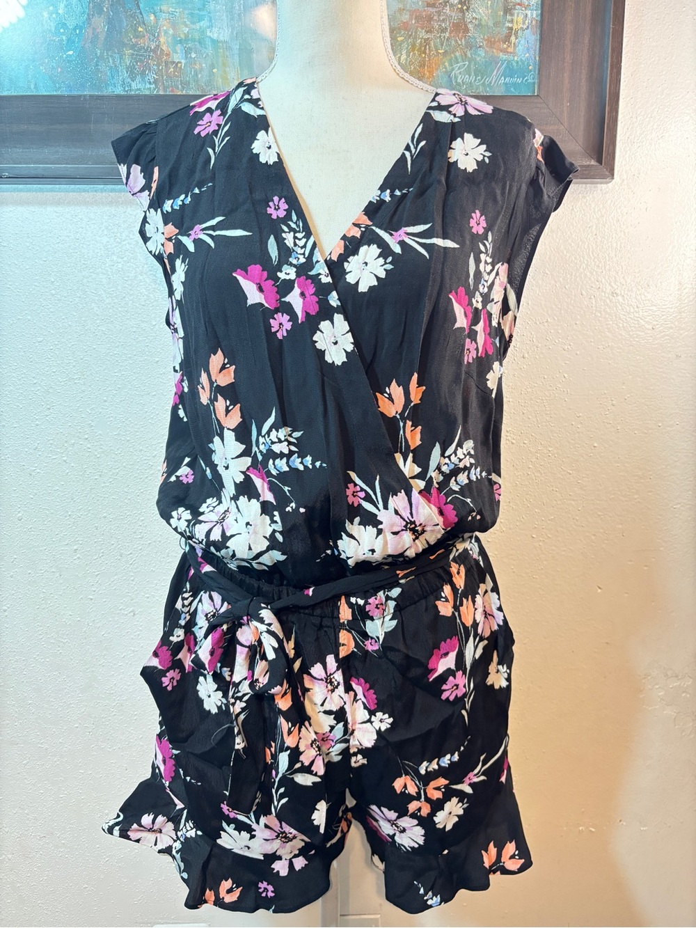 LOFT Black Floral V-Neck Tie-Waist Romper - Picture 2 of 9